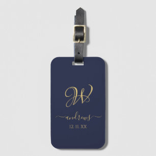 Elegant marineblauw goudmonogramme Bagagelabel
