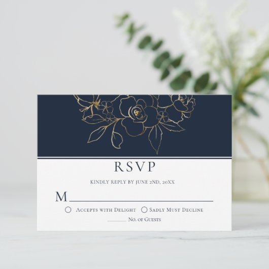 Elegant marineblauw met gouden geschetste Rozen RS RSVP Kaartje (Staand voorkant)