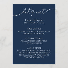 Elegant marineblauw modern script bruiloft menu
