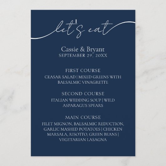 Elegant marineblauw modern script bruiloft menu (Voorkant)