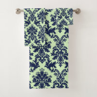 Elegant marineblauw op groene bloemendamast