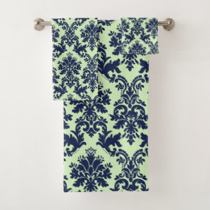 Elegant marineblauw op groene bloemendamast bad handdoek