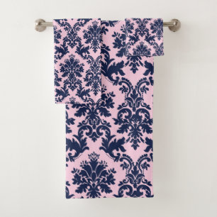 Elegant marineblauw op roze  bloemdamast bad handdoek