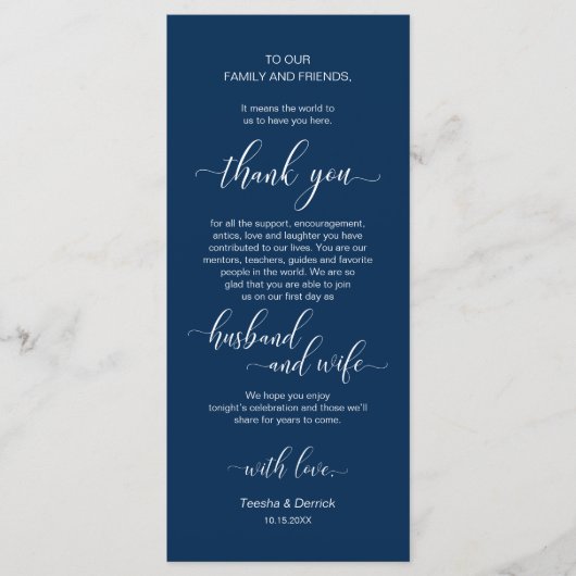 Elegant marineblauw, plaatsinstelling bedankpas programma (Voorkant)