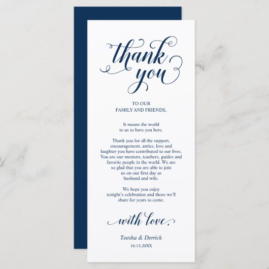 Elegant marineblauw, plaatsinstelling bedankpas programma (Voorkant / Achterkant)