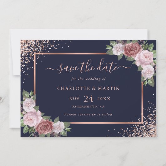 Elegant marineblauw Roos gouden glitter bloemenbru Save The Date (Voorkant)