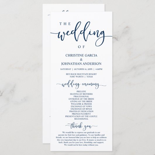 Elegant marineblauw script, onze huwelijksceremoni programma (Voorkant / Achterkant)