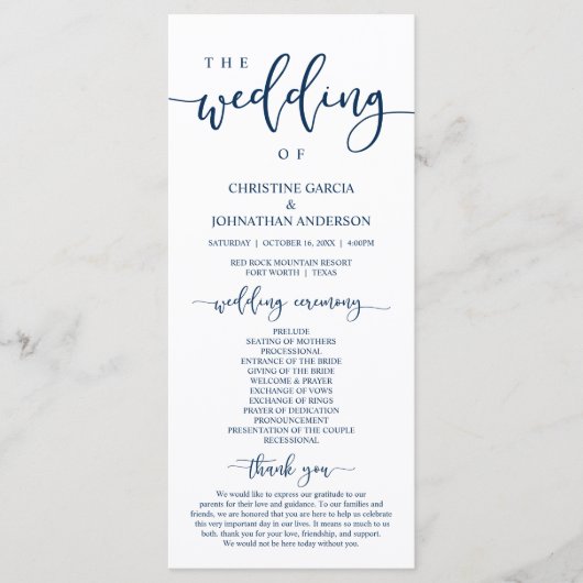 Elegant marineblauw script, onze huwelijksceremoni programma (Voorkant)