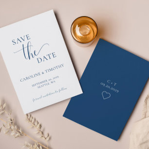 Elegant marineblauw wit bruiloft bewaar de datum K Kaart
