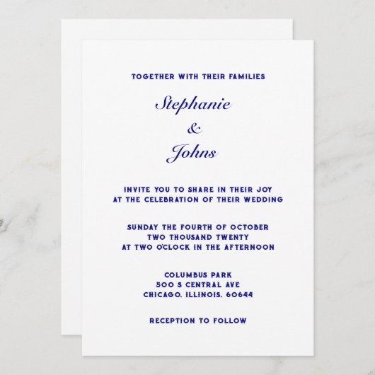 Elegant marineblauw wit eenvoudige minimale bruilo kaart (Voorkant / Achterkant)