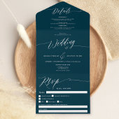Elegant marineblauw wit script moderne bruiloft all in one uitnodiging