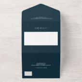 Elegant marineblauw wit script moderne bruiloft all in one uitnodiging (Buitenkant)