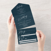 Elegant marineblauw wit script moderne bruiloft all in one uitnodiging (Afscheurbaar)
