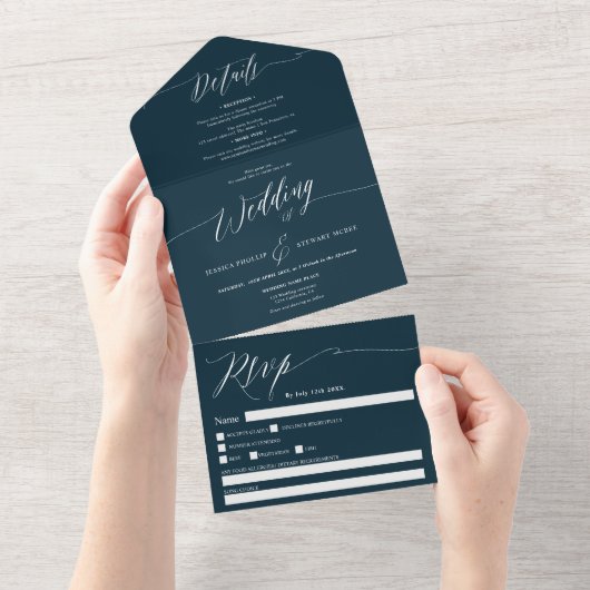 Elegant marineblauw wit script moderne bruiloft all in one uitnodiging (Afscheurbaar)