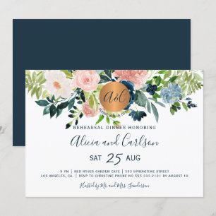 Elegant marinebloem monogram repetitiediner kaart