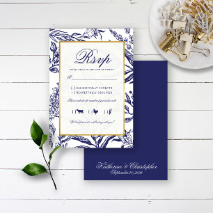 Elegant marineschip Blue Gold Botanical Weddensch RSVP Kaartje