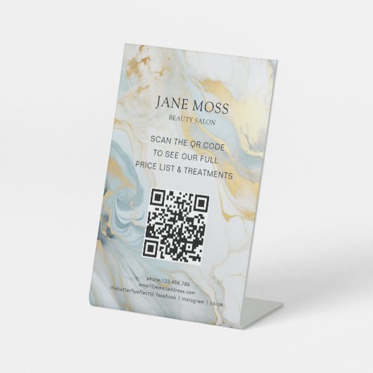 Elegant, Marmer-Blauw-Goud, Salon, QR-Code Reclamebord Met Voetstuk (Voorkant)