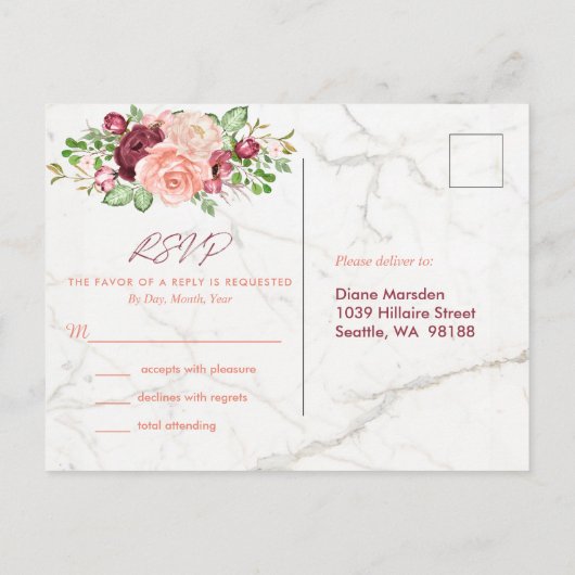 Elegant marmer Bourgondië Mauve Peach RSVP Uitnodiging Briefkaart (Achterkant)