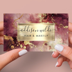 Elegant Marmer met Maroon en Goud Aquarel Visitekaartje