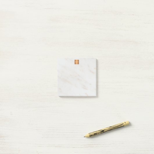 Elegant marmer metallic koper vierkant monogram post-it® notes (Op bureau)