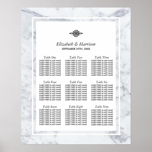 Elegant  marmer Wedding Seating Chart Poster (Voorkant)