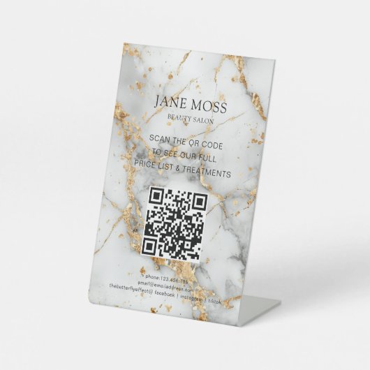Elegant, Marmer-Wit-Goud, Salon, QR-Code Reclamebord Met Voetstuk (Voorkant)