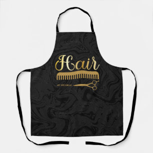 Elegant Marmer Zwart Goud Haarstylist Salon Naam Schort