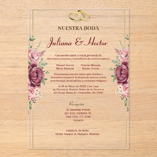 Elegant Maroon and Gold Floral Wedding Acryl Uitnodigingen (Voorkant)