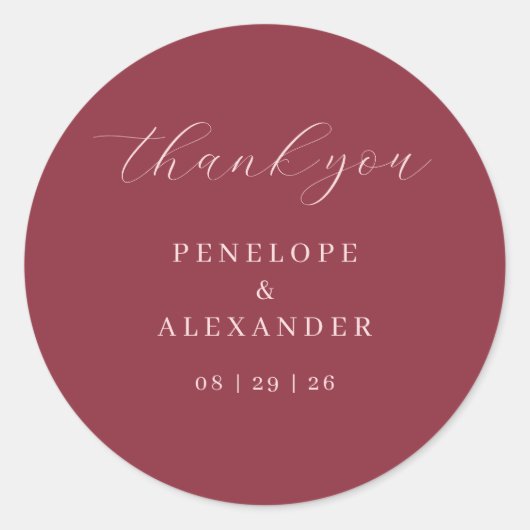 Elegant Maroon Calligraphy Thank You Ronde Sticker (Voorkant)