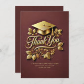 Elegant Maroon Gold Afstudeerder Pet Leaf Afstuder Bedankkaart (Voorkant / Achterkant)
