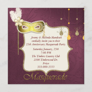 Elégant Maroon & Gold Masquerade Party Invitation