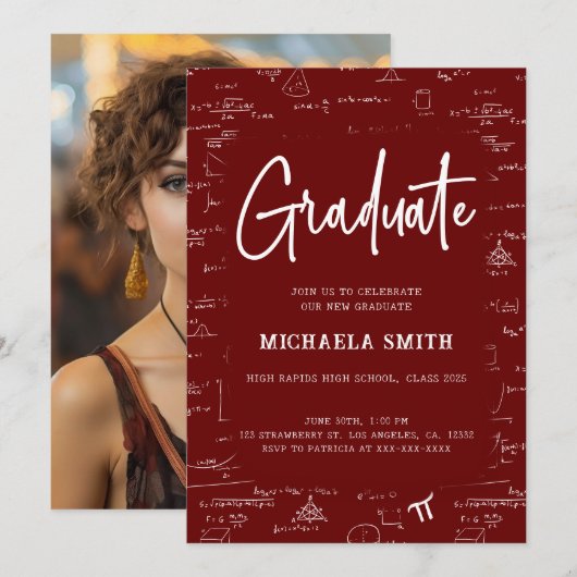Elegant Maroon Graduate Math Photo Graduation Kaart (Voorkant / Achterkant)