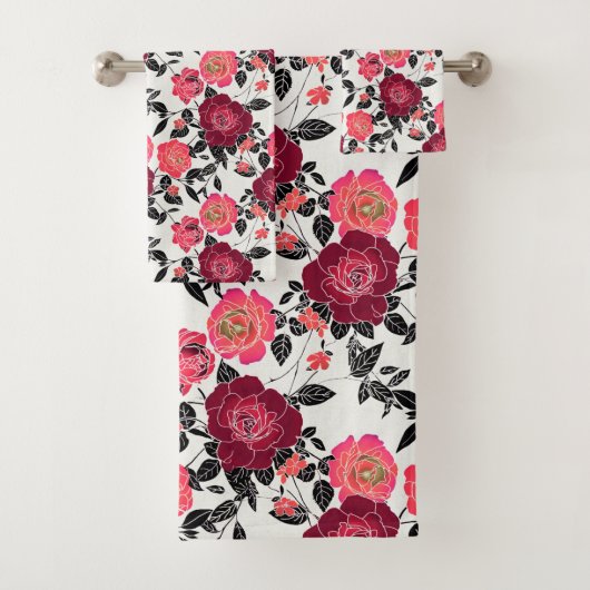 Elegant Maroon Pink Burgundy Roos Floral Pattern Bad Handdoek (Insitu)