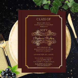 Elegant Maroon University Graduation Party Gold Folie Uitnodiging