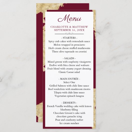 Elégant Marsala Bourgogne & Mariage Or Menu (Devant / Derrière)
