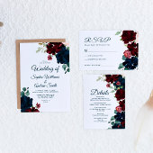 Elegant Marsala & Navy Flowers Rustic Wedding Kaart