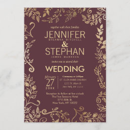 Elegant Marsala Red Burgundy Gold Floral Wedding Kaart