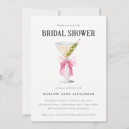 Elégant Martini Cocktail Bridal Shower Invitation (Devant)