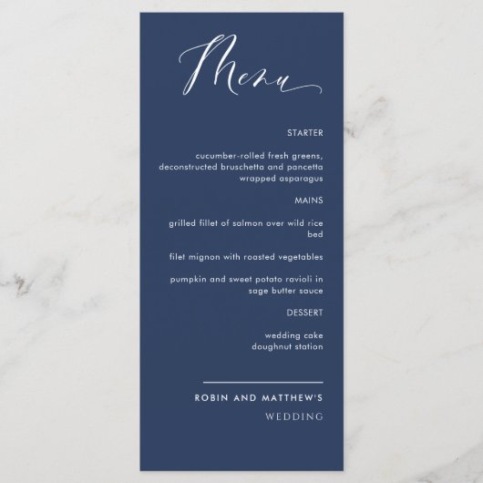 Elegant marvy Blue Calligraphy Wedding Menu (Voorkant)