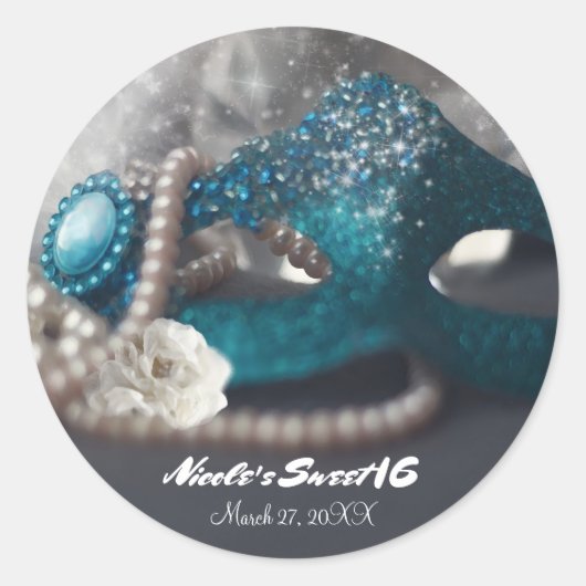 Elegant Maskerade Masker & Parels Party Favor Ronde Sticker (Voorkant)