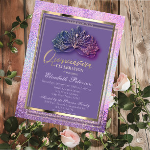 Elegant Masque Diamanten Holografische Quinceañera Kaart