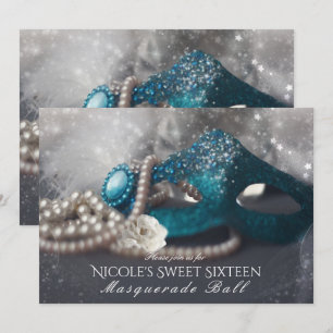 Elegant Masquerade Mask & Pearls Party Invitations Kaart