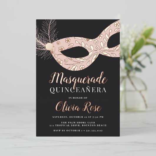 Elegant Masquerade Theme Quinceanera Folie Uitnodiging (Staand Voorkant)