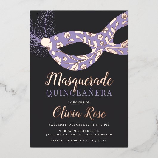 Elegant Masquerade Theme Quinceanera Folie Uitnodiging (Voorkant)
