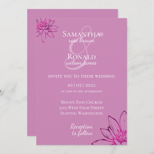 Elégant mauve florale & faire-part de mariage fusc (Devant / Derrière)