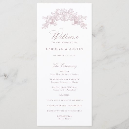 Elegant Mauve Pink Floral Ornament Wedding Programma (Voorkant)
