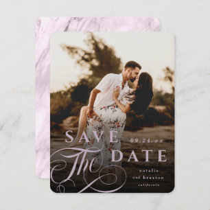 Elegant Mauve Pink Typografie & Marble Back Photo Save The Date