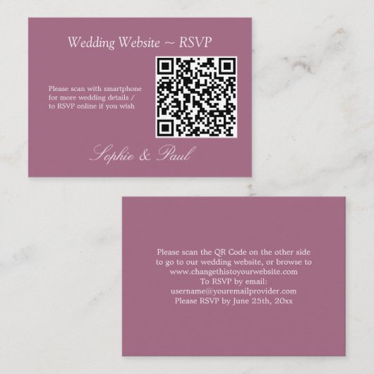 Elegant Mauve QR Code Site Web Carte RSVP (Devant / Derrière)