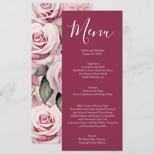 Elegant Mauve Roze en Witte Rozen Trouwmenu Menu (Voorkant / Achterkant)