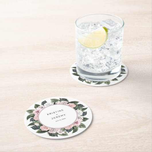 Elegant Mauve Roze Rose Bloemen Waterverf Bruiloft Ronde Kartonnen Onderzetter (Insitu)